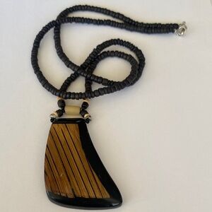 Vintage bohemian Black and Brown Beaded Necklace lacquer Wood Inlay Pendant
